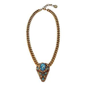 Vintage Ornate Edwardian Czech Gold Aquamarine Dress Clip Necklace